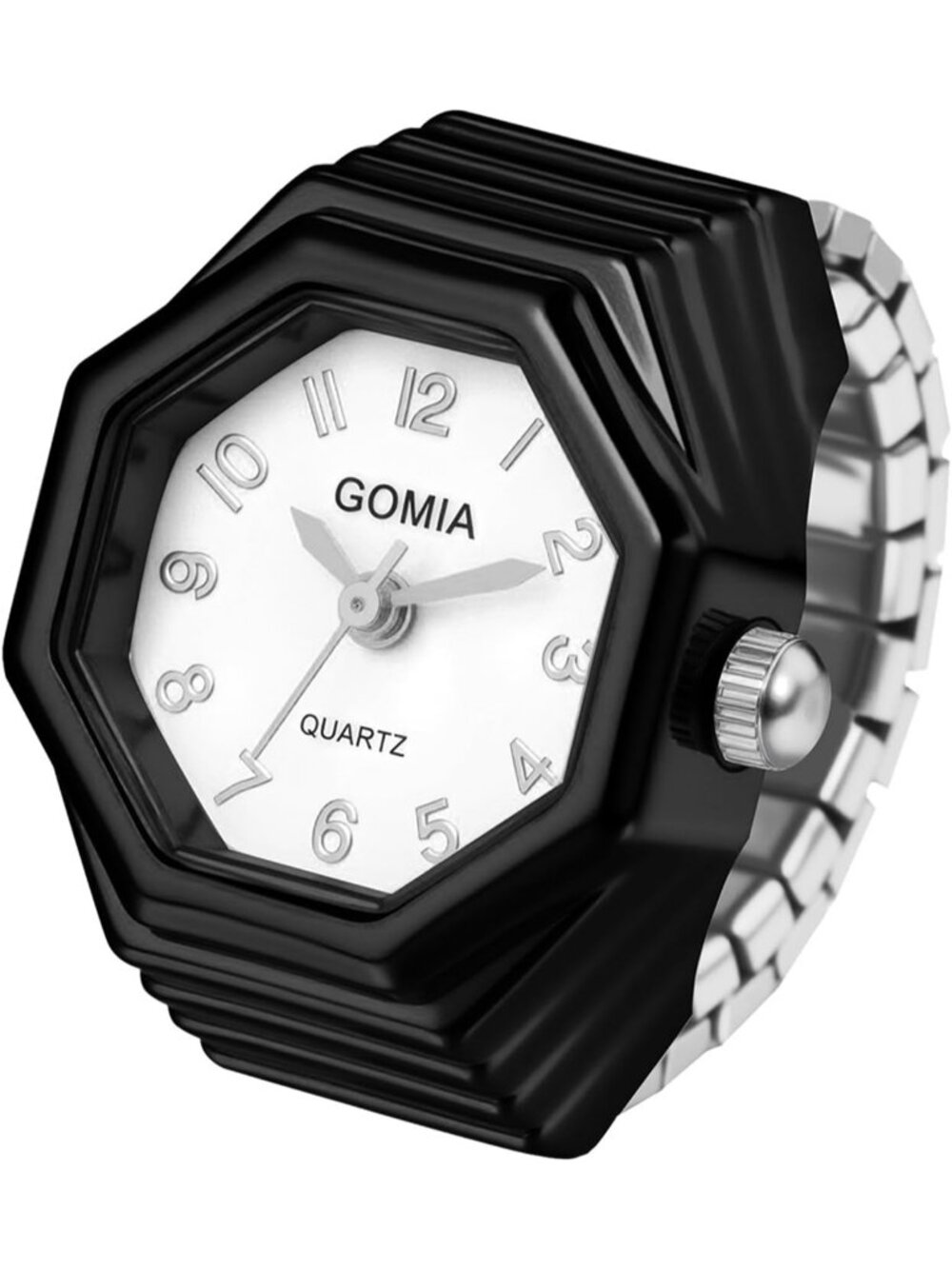 Unisex Black Analog Quartz Stretchy Elastic Band Octagon Dial Finger Ring Watch